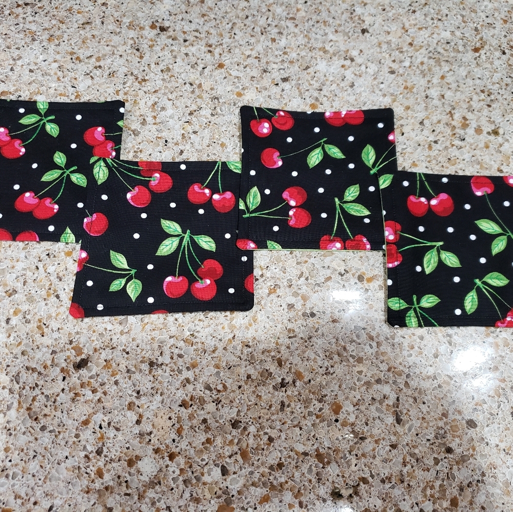 Coasters set of 4 cherries cherry handmade black green red